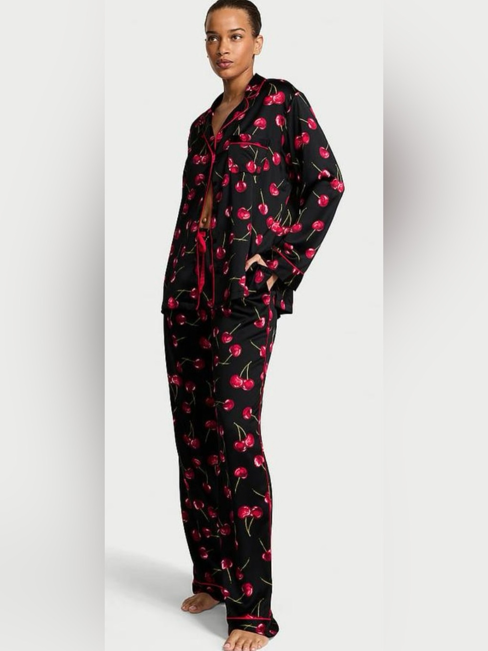 VICTORIAS SECRET Cherries 
Black/Red Satin Long Sleeve Pants Pajamas S